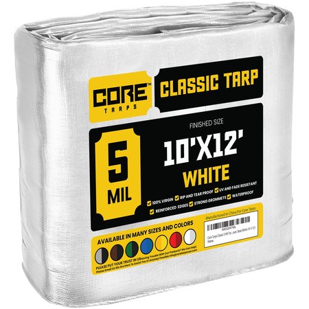 CORE TARPS 12 ft L x 0.5 mm H x 10 ft W Heavy Duty 5 Mil Tarp, White, Polyethylene CT-504-10X12